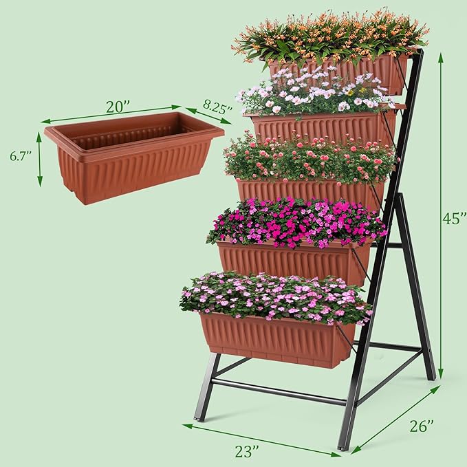 TEANDE Vertical Raised Garden Bed, 5-Tier Elevated Planter Box w/Drainage System & 4 Hooks for Herbs Vegetables Flowers, Vertical Garden Planter for Patio Yard Indoor Outdoor