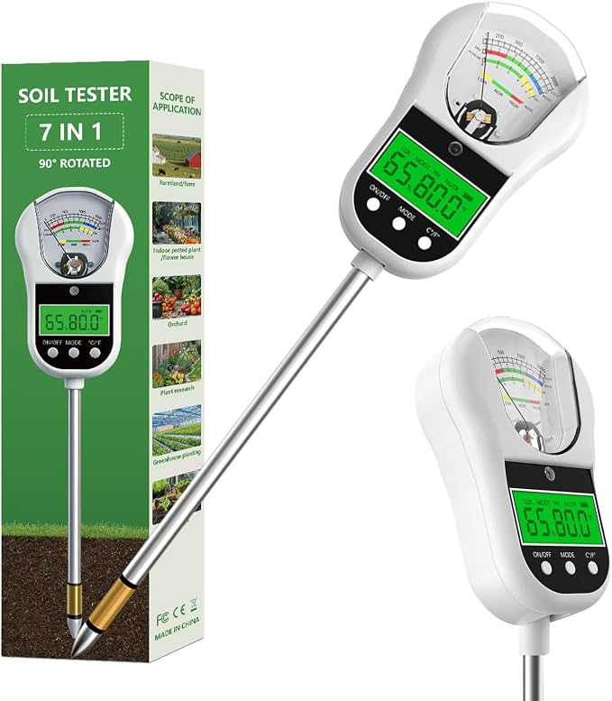 7-in-1 Soil Moisture Meter/pH Meter/Light Intensity/Fertility/Air & Soil Hygrometer Temperature with Large Dual Display for Garden,Lawn, Farm, Indoor Outdoor Plants-Snow White
