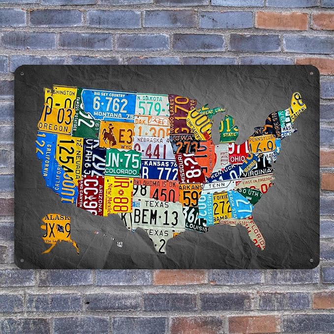 RESKEA Funny Metal Tin Sign Vintage USA Map License Plate Sign Garage Decor 8x12 Inches Multicolor Retro Humorous Wall Art