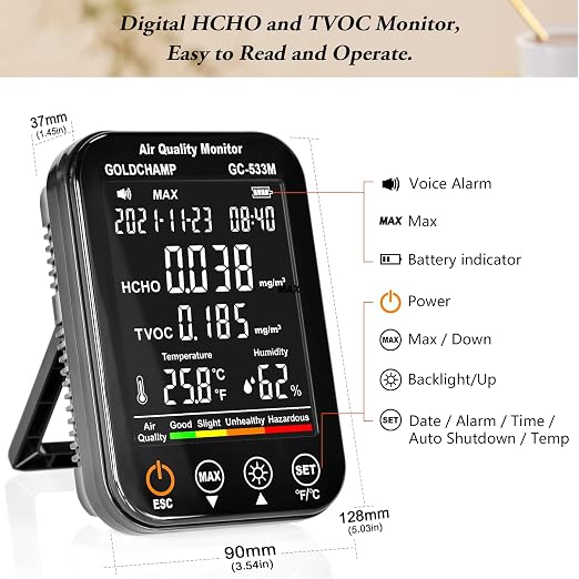 4in1 Air Quality Monitor Indoor Formaldehyde Detector Test HCHO/TVOC/Temp(℃/℉) /Humidity Sensor Air Analyzer with Digital LCD Screen, Smart Alarm，Auto Shutdown，Data Storage for Home, Cars, Plants
