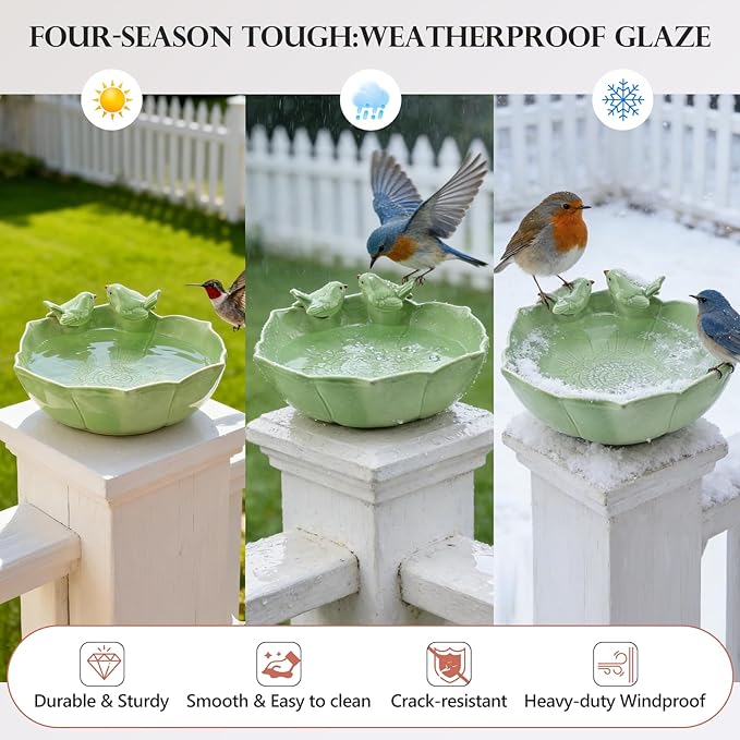 Ceramic Bird Bath for Outdoors, 10.1” Glazed Ceramic Bird Baths Bowls and Feeders for Outside, UV/Frost-Resistant Finish Ground Garden Table Top Bird Baths Decor for Patio Yard Home Green