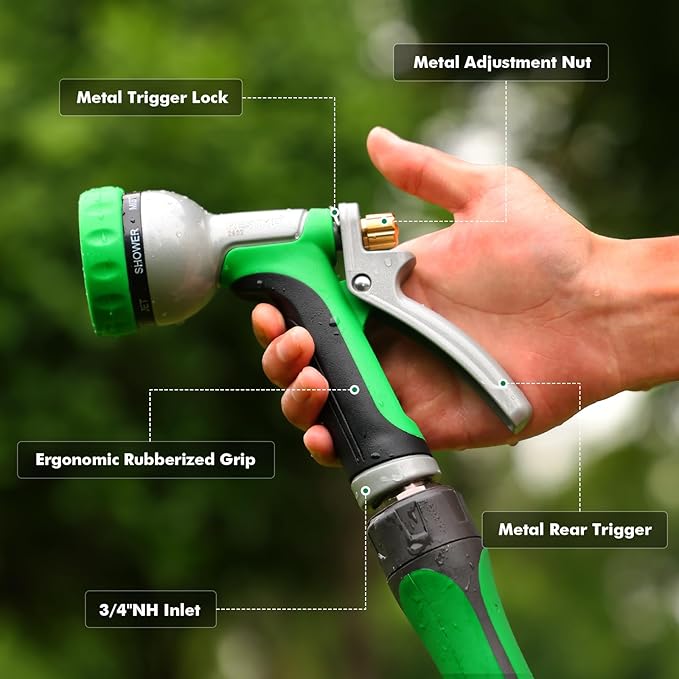 RESTMO Heavy Duty Metal Garden Hose Nozzle, Water Hose Nozzle with 7 Adjustable Spray Patterns, High Pressure Hose Sprayer with with Flow Control, for Plants & Lawns, Washing Cars & Pets, Green