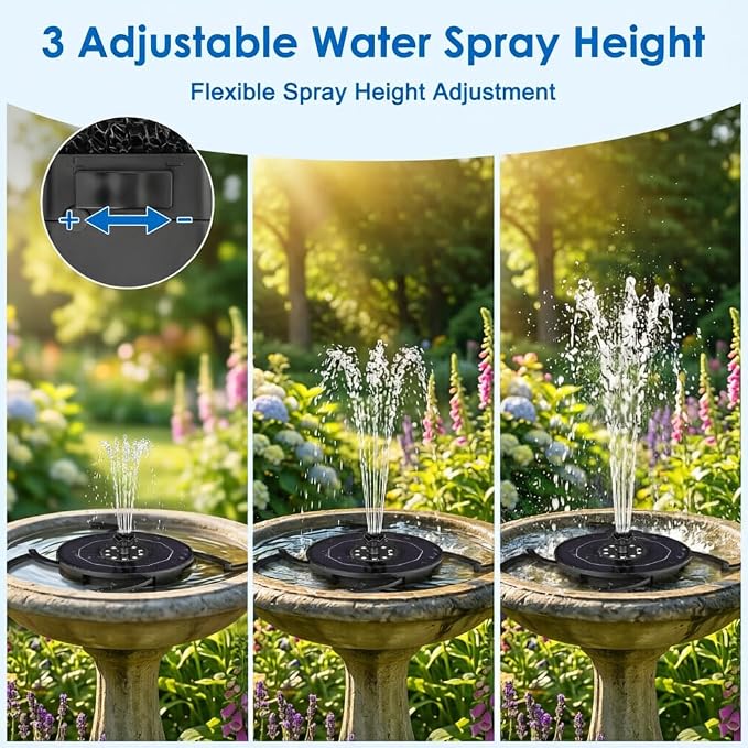 Solar Fountain with LED Lights, Solar Bird Bath Powerd Fountain Works in Cloudy & 2000mAh Battery Backup, 4 Fixed Rods, 7 Nozzles, Outdoor Water Fountain for Brid Bath, Garden, Pool, Pond