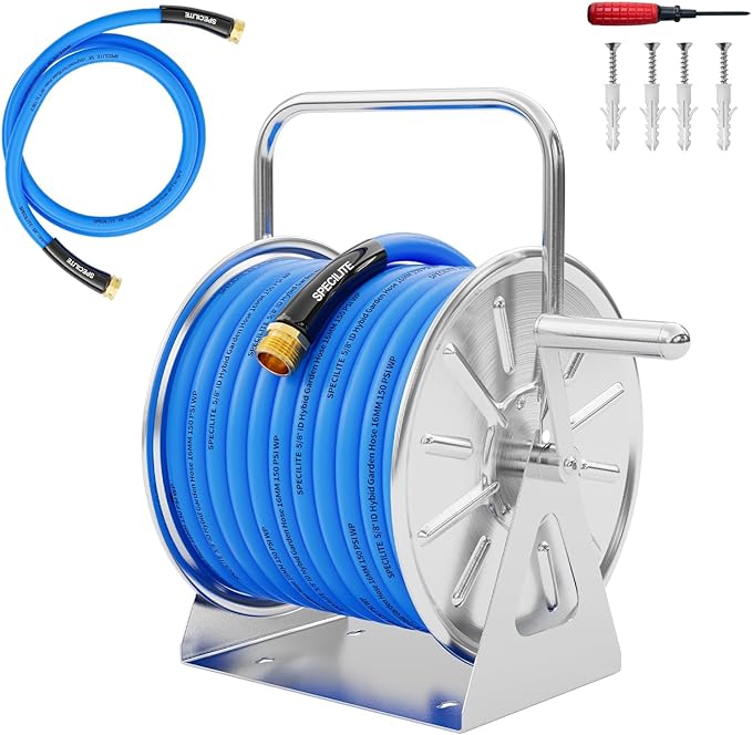 SPECILITE Stainless Steel Garden Hose Reel with 5/8'' x Hot/Cold 75 FT Water Hose and 6FT Leader Pipe, -50℉ -190℉, Wall/Floor Metal Mounted Spool Storage, UV Resistantfor Outside, Yard, Patio