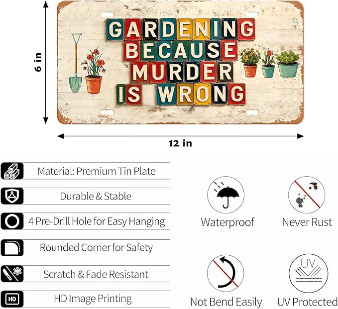 Garden Signs for Outside Metal Yard Wall Art Decor Gardening Gifts for Women Backyard Patio Garden Accessories Outdoor Funny Gardening Because Murder Is Wrong Tin Sign Greenhouse Decorations 12x6 Inch