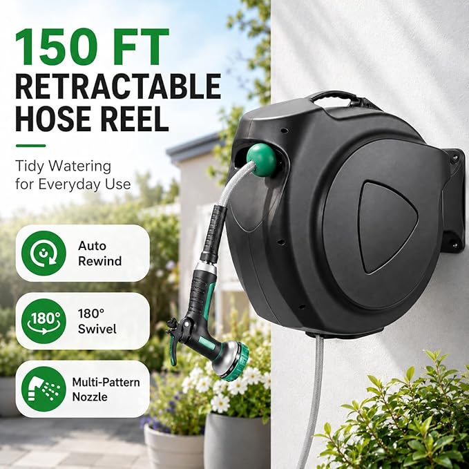 Retractable Garden Hose Reel, 150FT Wall Mounted Auto Rewind Water Hose Reel with 180° Swivel Bracket, Any Length Lock, Kink-Free Hose Guide, Multi-Pattern Spray Nozzle for Yard, Lawn & Outdoor