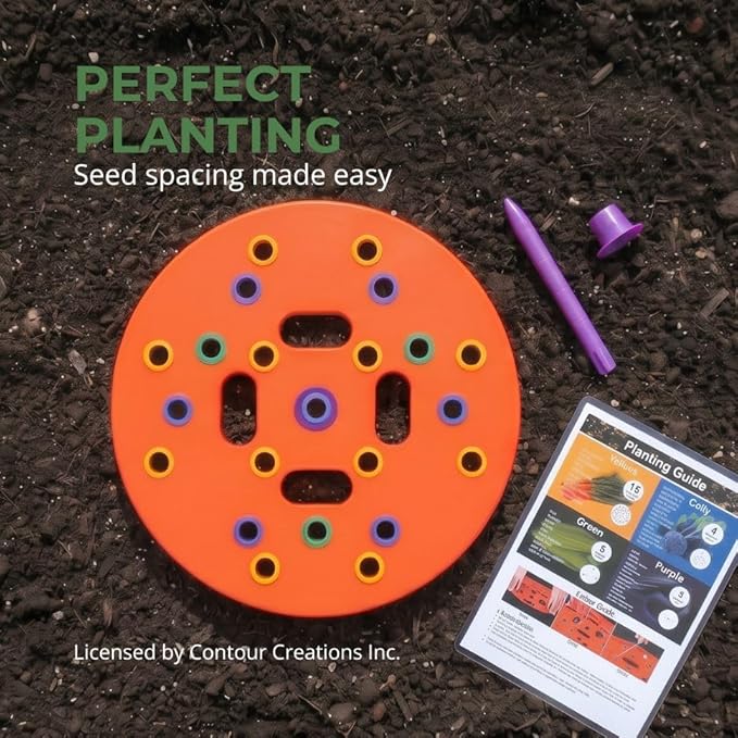 Round Seed Planting Template – Patented Color-Coded Garden Spacing Tool Kit with Seed & Seedling Spacer, Dibber with Seed Spoon & Laminated Vegetable Growing Guide