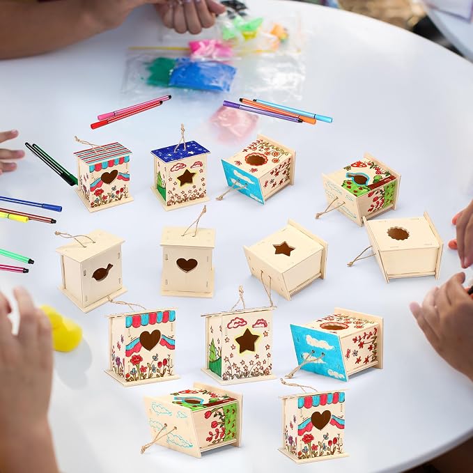 Outus 24 Pcs Wooden DIY Birdhouse Kits for Kids to Build, 4 Shapes Birdhouse Kit Wooden Unfinished with Butterfly Sticker for Boy Girl Arts Crafts(Classic)