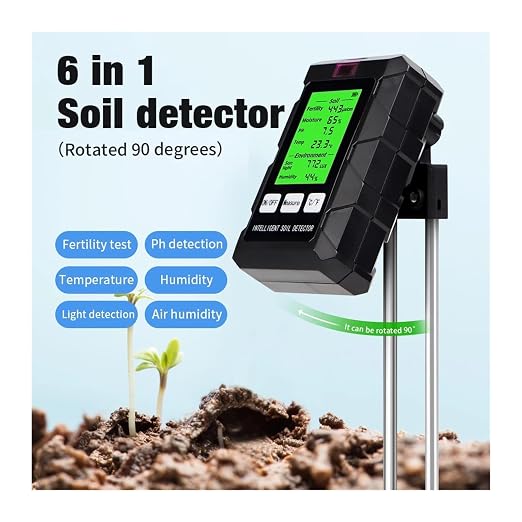 90 Degrees Rotation 6 in 1 Soil Meter Soil PH Tester Moisture Fertility Temperature Air Humidity Light Detector for Garden