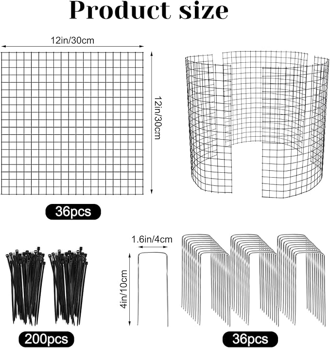 36 PCS Round Plant Protector from Animals, 12Pack 12'' x 12'' Metal Plant Cages，30Pcs Metal Mesh to Keep Animals Out, Garden Protection Bunny Barricades, Wire Plant Protectors for Rabbits Chicken Duck