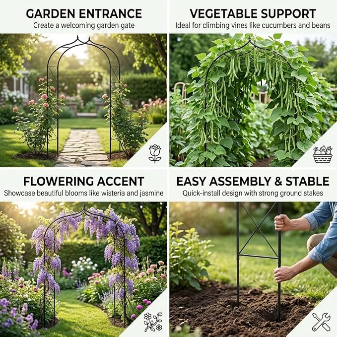 Metal Garden Arbors 8Ft Heavy Duty, Arch Trellis for Climbing Plants | Outdoor Arbor Thickened Metal Frame Trellises Grapes Rose Yard Entrance Wedding Arched Backdrop Stand Party Event Decoration