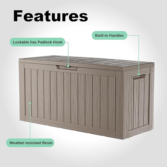 85 Gallon Outdoor Storage Box Waterproof, Resin Deck Box with Lockable Lid, Weatherproof Container for Patio Furniture Cushions, Garden Tools, Pool Accessories (Grey, 85 Gallon)