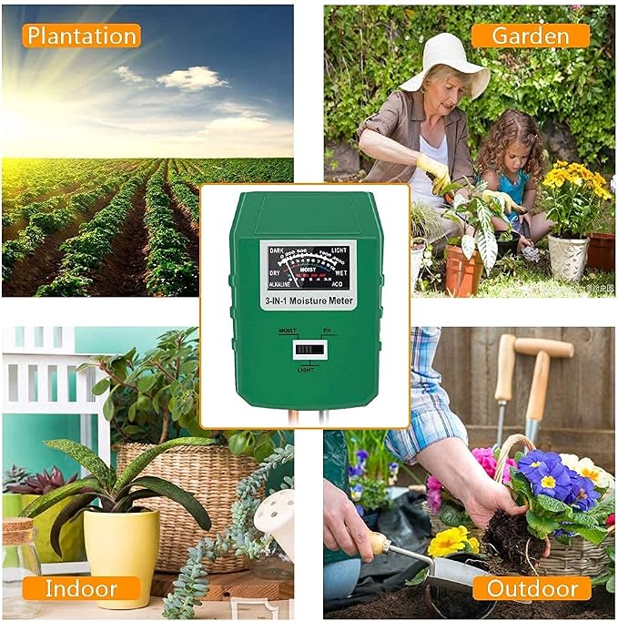 Soil Test Kit for Moisture, pH& Sunlight Meter,3 in 1 Soil Tester for Plant, Vegetables, Garden, Lawn, Farm, Indoor/Outdoor Use (No Battery Need) (Green 2.0)