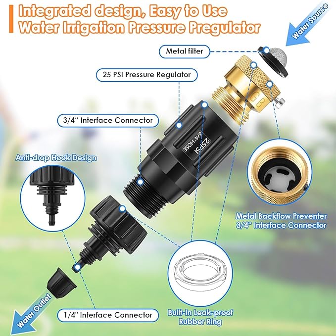 Drip Irrigation Faucet Adapter 25 PSI, 1/4" Tubing Quick Connect to 3/4" Garden Hose with Backflow Preventer, Filter, Tape, Pressure Regulator, Copper Drip Irrigation System Fittings (8 Pack)