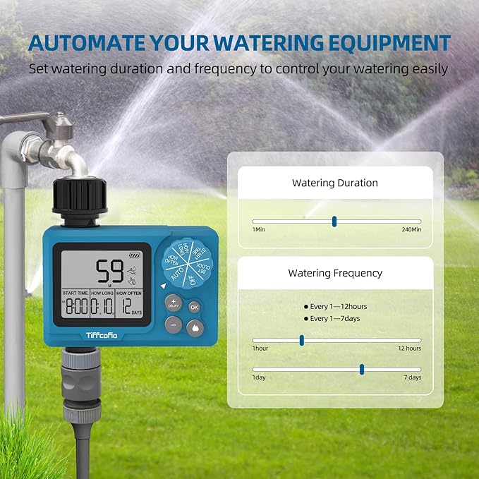 TiFFCOFiO Sprinkler Timer Outdoor, Digital Programmable for Garden Hose, Irrigrtion Timer with Rain Delay and Manual Mode (1 Pack)
