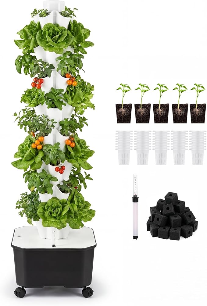 BAOSHISHAN 8 Tiers 40 Pods Outdoor Hydroponics Tower for Herbs & Greens | Durable ABS Space-Saving Vertical Tower, Smart Water Circulation, 360° Wheels for Easy Mobility, Beginner-Friendly Setup