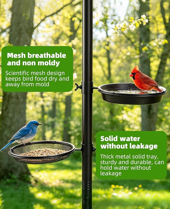Bird Feeder Pole-92 Inch Heavy Duty Birdhouse Stand with Squirrel Proof Baffle for Outdoor, Adjustable Bird Feeding Station with Multi Shepherds Hooks Mental Trays (Black 9-Claw Base)