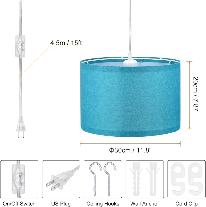 PATIKIL Plug in Pendant Light, 15Ft Rope Cord Hanging Lamp Fixture with ON/Off Switch, Linen Fabric Shade E26/E27 Bulb Socket for Bedroom Kitchen Living Room, Dark Blue