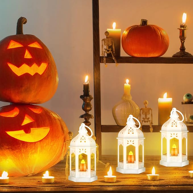 Hortsun 24 Pcs Vintage Lanterns Mini Lantern for Wedding Table Centerpiece Retro Decor with LED Candle Battery Powered Hanging for Medieval Wedding Cowboy Halloween Party Decoration Supplies(White)