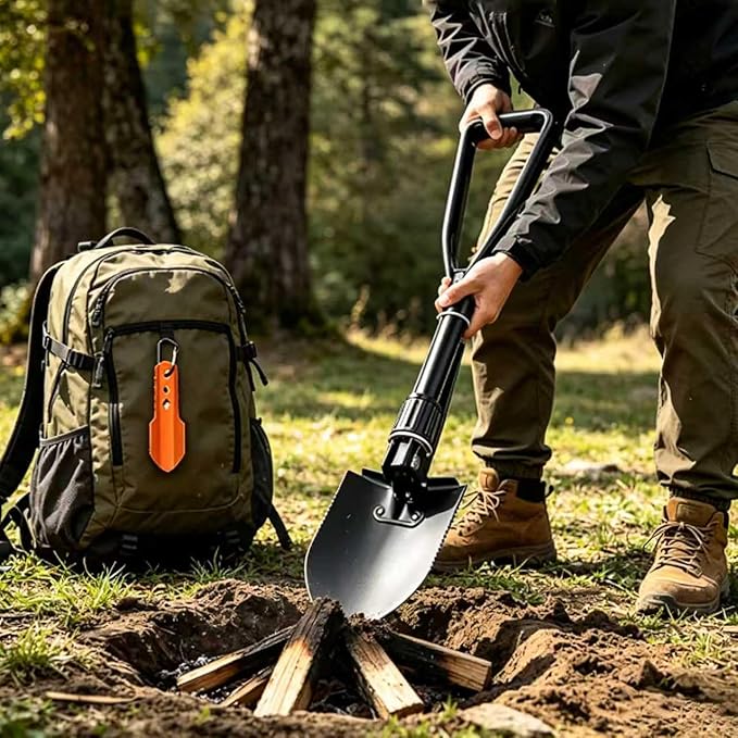 Camping Shovel Set, 3-in-1 Ultra-Light Aluminum Mini Shovel & 18.5'' Folding High Carbon Steel Shovel Ideal for Gardening, Hiking, Camping, Backpacking, Survival（Black）