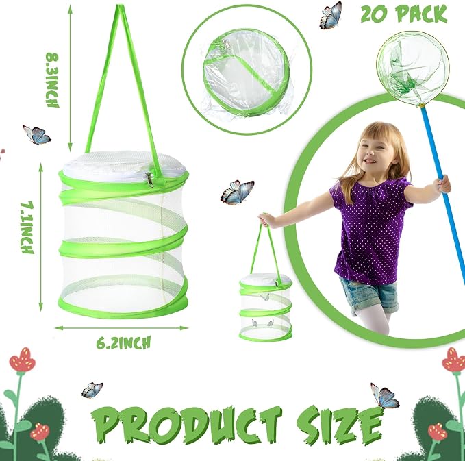 Sherr 20 Pcs Mini Butterfly Habitat Cage Clear Mesh Butterfly Net Cage Container Foldable Terrarium, 6.2x7.1inch (Green)