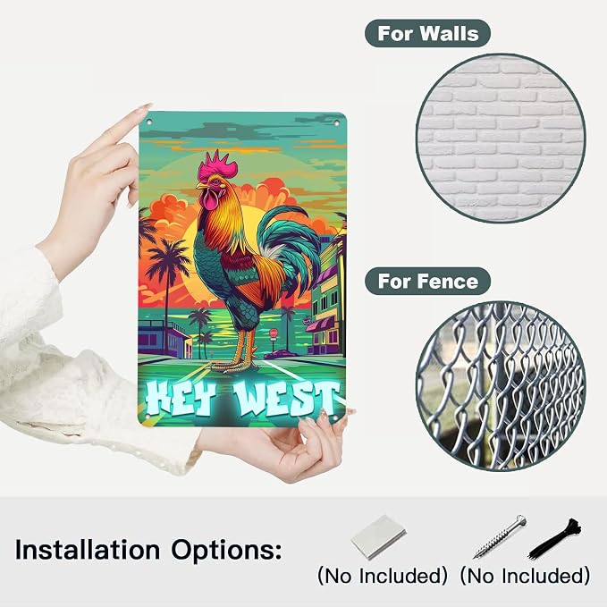 Chicken Key West Florida Retro Tin Signs Vintage Wall Decoration Metal Poster Home Kitchen Bedroom Bar Sign Decoration Posters Tin Sign Halloween Thanksgiving Gift 12 * 8in