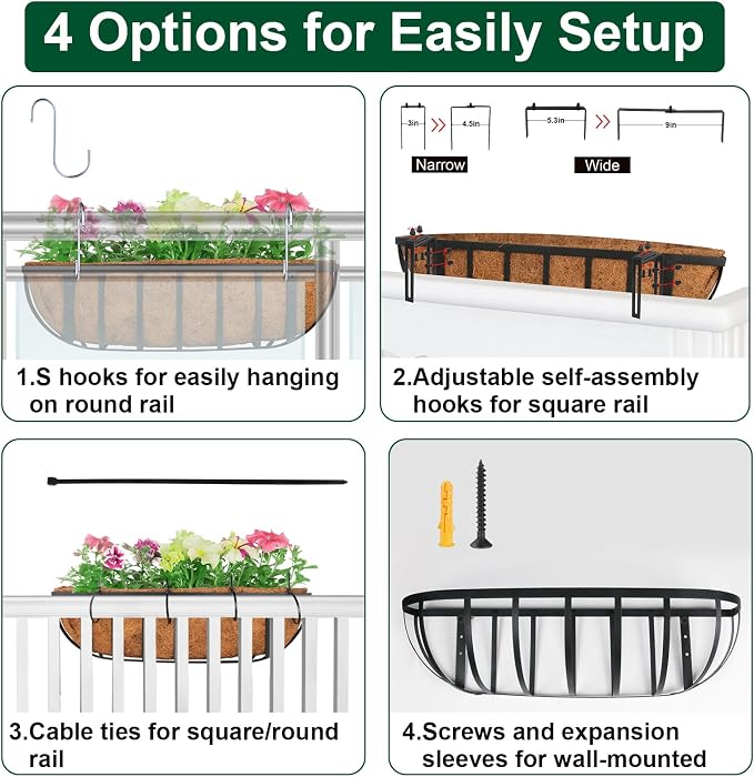 DUNCHATY 24 Inch Railing Planter 4 Pack - Adjustable Metal Window Box Planter with Coco Liner for Deck Balcony Porch Fence - Outdoor Hanging Flower Basket for Herbs & Flowers
