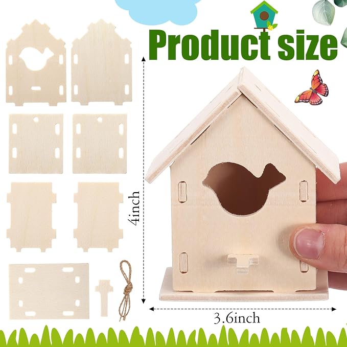 Outus 24 Pcs Wooden DIY Birdhouse Kits for Kids to Build, 4 Shapes Birdhouse Kit Wooden Unfinished with Butterfly Sticker for Boy Girl Arts Crafts(Lovely)