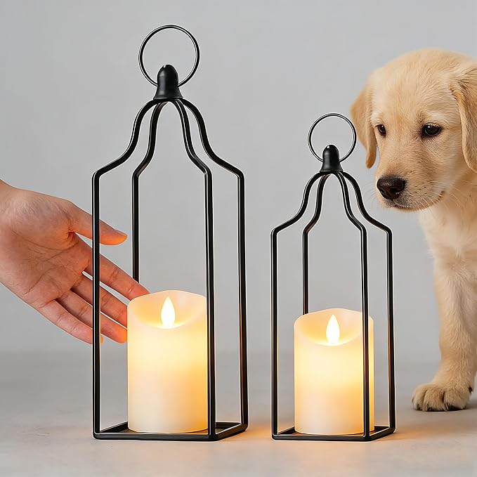 Rustic Farmhouse Decor Metal Lantern Set of 2 Decorative Lanterns for Home Indoor Outdoor Living Room, Fireplace, Patio, Wedding & Kitchen Table Centerpieces (Black, 16.9" 14.5")
