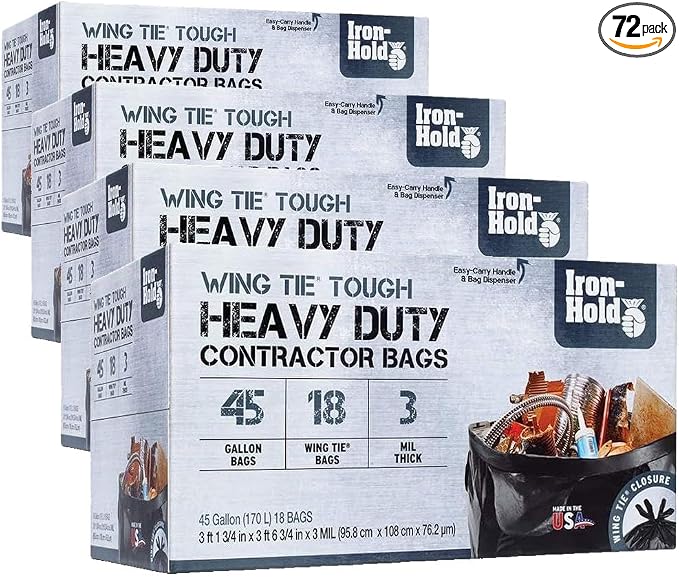 Contractor Trash Bags - 45 Gallon, 18 Bags, Wing Tie Closure, 3 MIL Thick, Gusseted Bottom, Black - Heavy Duty Industrial Strength Garbage Bags (Pack of 4)