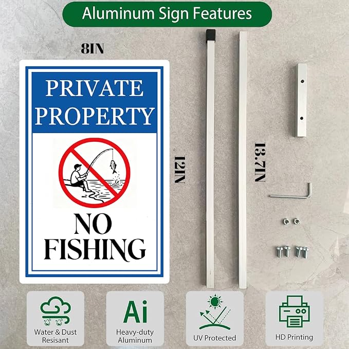 Private Property No Fishing Yard Sign With Stakes Do Not Fish Warning Signs Reflective Rustproof Aluminium Pool Lake Stand Outdoor 8X12 IN