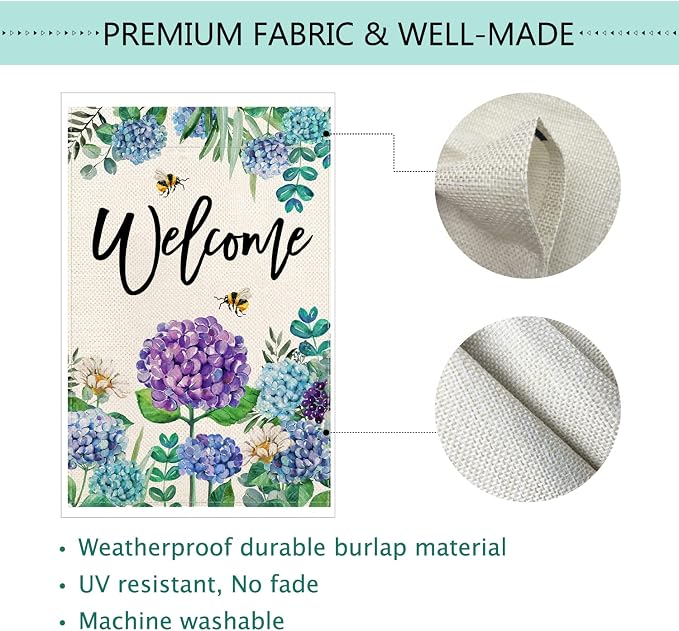 Baccessor Spring Summer Hydrangea House Flag Double Sided 28x40 Inch, Blue Purple Flower Floral Welcome Garden Flag Burlap Vertical Seasonal Farmhouse Yard Outdoor Decoration (Large)