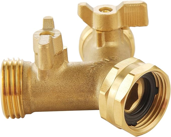 Garden Hose Splitter 2 Way Heavy Duty, Outdoor Faucet Splitter 2 Way, Solid Brass Spigot Splitter Hose Y Splitter with Shutoff Valve