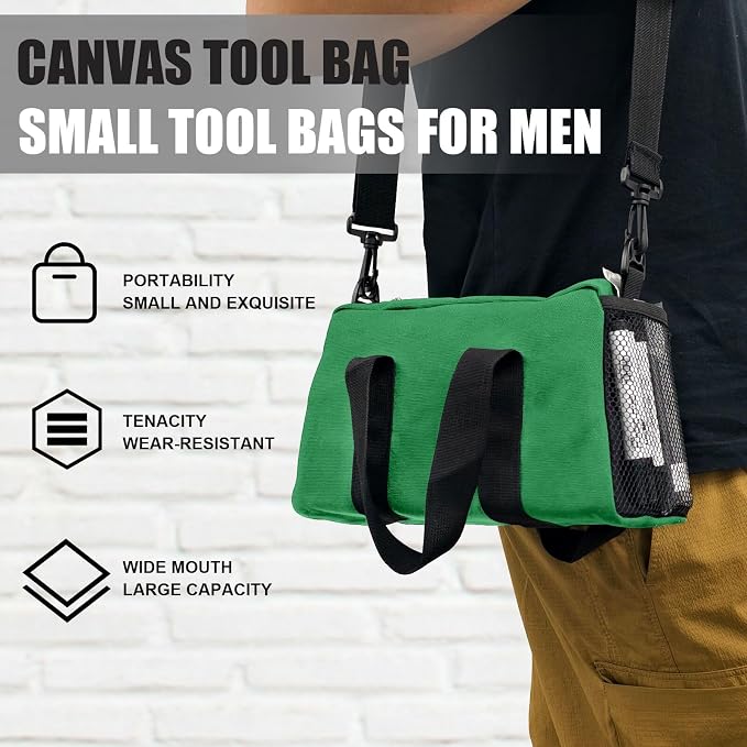 Small Tool Bag,Close Top Wide Mouth Tool Organizer Bag,Large Capacity Tool Bags for Men,Canvas Tool Storage Bag for Storage Handbag for Screwdrivers,Wrench (Shoulder strap+Light green, 20 Inch)