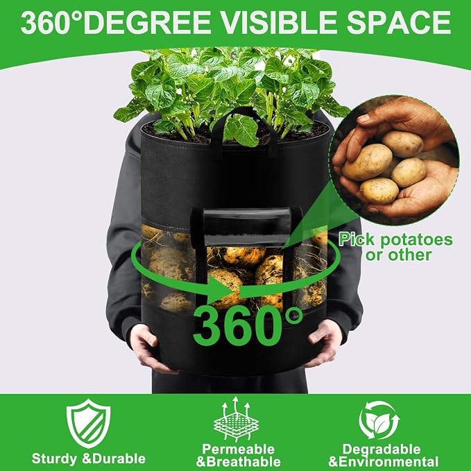 2 Pack 15 Gallon 360°Visible Potato Grow Bags,Heavy Duty Thickened Nonwoven Fabric Planter Bags with 2 Clear Harvest Windows&Removable Shading Cover,Reinforced Handles,Vegetable Grow Bags with Labels