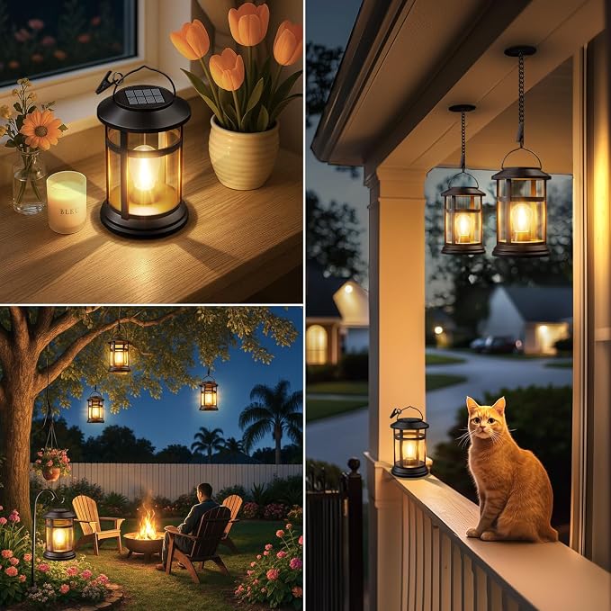 Solar Lanterns Outdoor Waterproof: 4 Pack Hanging Solar Lights for Outside Patio Porch Garden Tabletop Decor - Bright LED Warm White Solar Powered Lighting - Unique Gardening Lovers Mom Gifts