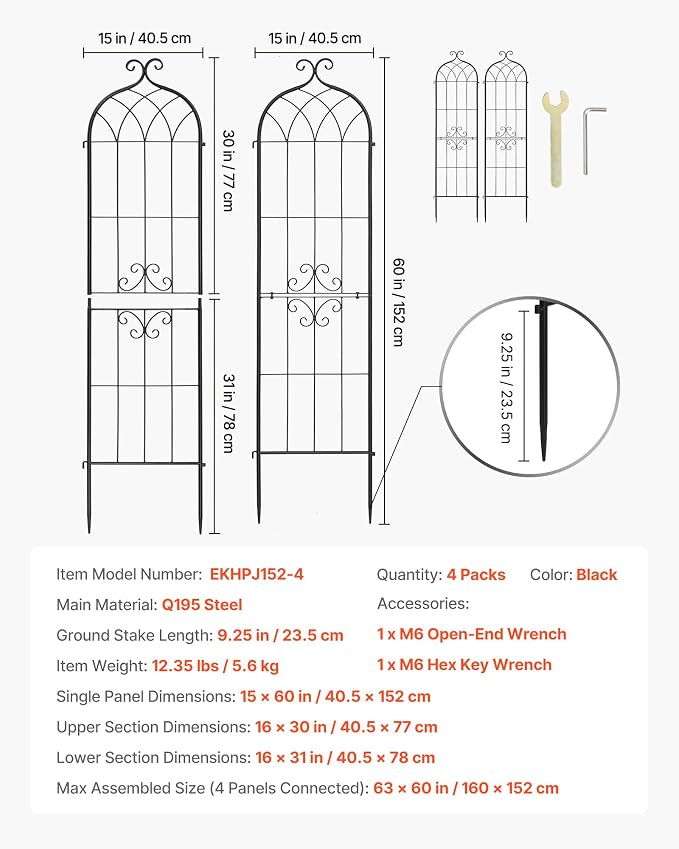 VEVOR Garden Trellis, 60 x 15 inch Rose Trellis, 4 Packs Garden Flower Rose Trellises with Powder-Coated Finish & Convenient Locking Design, Plant Support Trellises for Flowers, Vegetables, Roses
