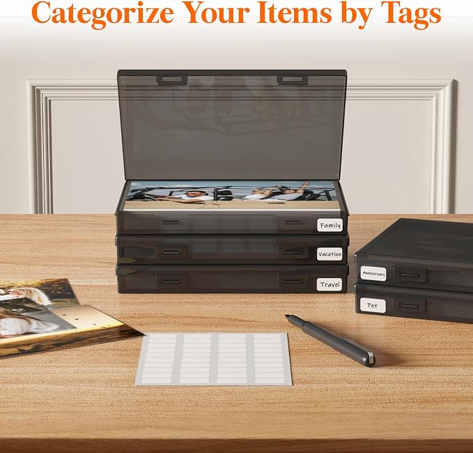 Lifewit 1 Pcs Photo Storage Set with 9 pcs 5"x7" Inner Photo Box& 28 x 22 cm/11x8.5 Transport Case, Craft Organizer for Seed Cards Pictures Office Supplies with 1 Sheet Label Sticker, Black
