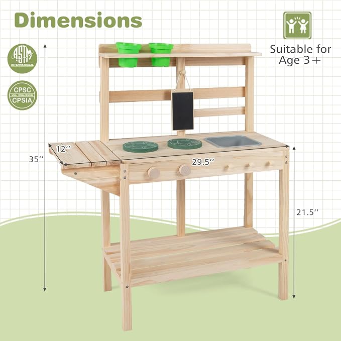 Costzon Mud Kitchen, Solid Wood Potting Bench w/2 Flowerpots, Blackboard, Sink, 2 Stoves, Outdoor Pretend Play Set for Toddlers 3+ Years, Mud Kitchen for Kids Outdoor, Gift for Girls & Boys