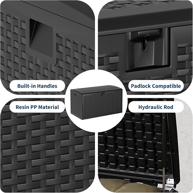 120 Gallons Outdoor Storage Box, Lockable Resin Deck Box for Outside Patio Furniture Cushion, Pool Supply, with Hydraulic Hinge, UV-Resistant and Weatherproof, Rattan Black