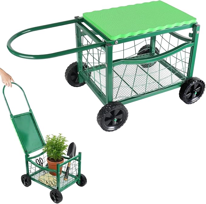 Garden Work Chair with Wheels, Heavy-Duty Gardening Cart with Seat - Garden Stool with Wheels for Lawns, Patios and Backyard Gardening, Hold Max. 350lbs
