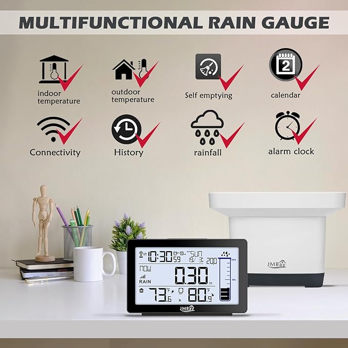 Wireless Rain Gauge Outdoor with Thermometer, High Accurate Digital Rain Gauges Outdoors Best Rated, Electronic Self-Emptying Remote Rain Collector, Freeze Proof Automatic Rain Measure Gauge for Yard