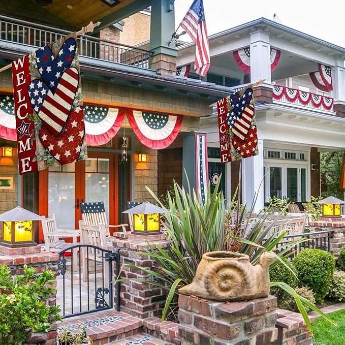 CROWNED BEAUTY 4th of July Patriotic Welcome House Flag 28x40 Inch Double Sided USA Hearts Blue Red Memorial Day Independence Day Outside Yard Party Decoration CF473-40