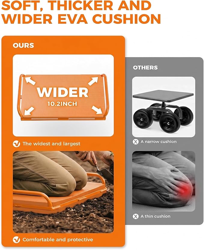 Rolling Garden Work Seat with Wheels, Upgraded Heavy Duty Cart for Seniors with Rotatable 360-Degree Wheels and Extended Handle, Garden Seat for Lawn, Patio & Backyard Gardening, Orange