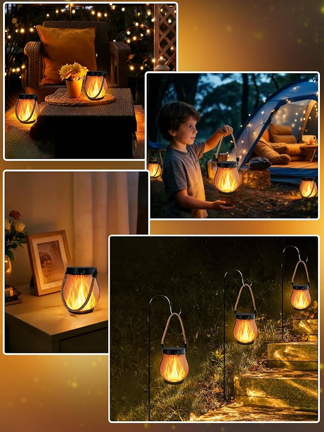 2 Pack Solar Lights Outdoor Waterproof, Solar Lantern with Dancing Flame, 2 Lighting Modes, Dual Charging USB & Solar Powered, with Hanging Rope Handle for Patio Yard Camp Garden Tree Tabletop Decor