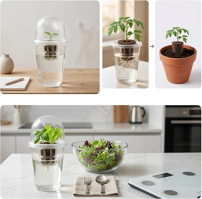10 Sets Transparent Hydroponic Pods Seed Starter Kit, 50 Biochar Sponges, 5in1 Indoor Growing System with Humidity Domes, Clear Self Watering Planters for Herbs, Cherry Tomatoes, Root Monitoring