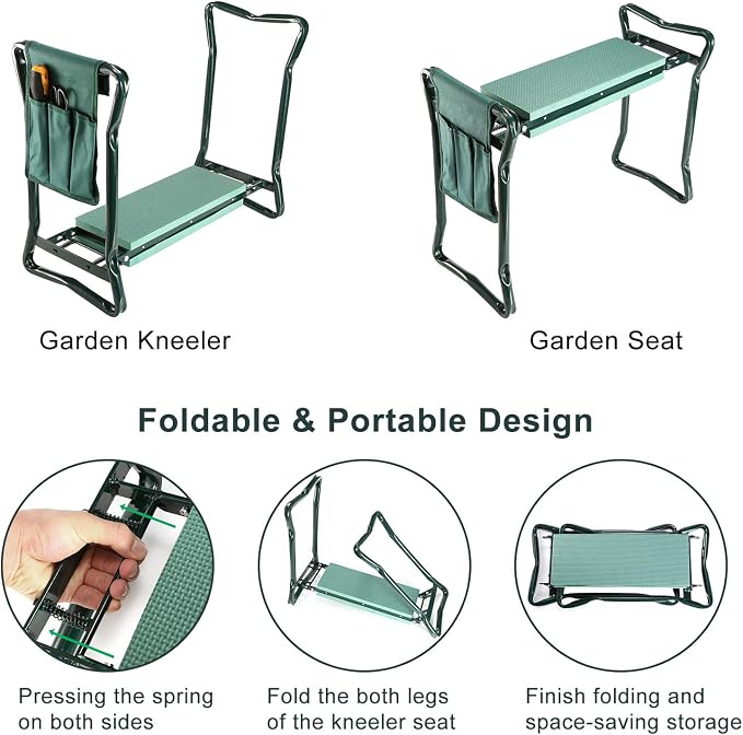 TeqHome Garden Kneeler and Seat Foldable Lightweight Garden Bench with Tool Pouch and Soft Kneeling Pad Portable Garden Stool