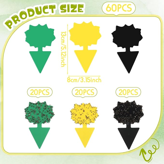 60 Pack Fruit Fly Traps Fungus Gnat Sticky Traps Yellow Black Green Plant Fly Stickers Double Side with Shovel for Indoor Outdoor Kitchen Garden Houseplant Flying Bug Insect (Flower)