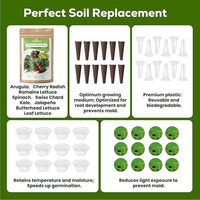 12 Pods Salad Green Seed Pod Kit for AeroGarden, Ahopegarden Hydroponics Growing System, 7500+ Seeds of Romaine Lettuce, Arugula, Spinach, Kale, Swiss Chard, Cherry Radish, and More