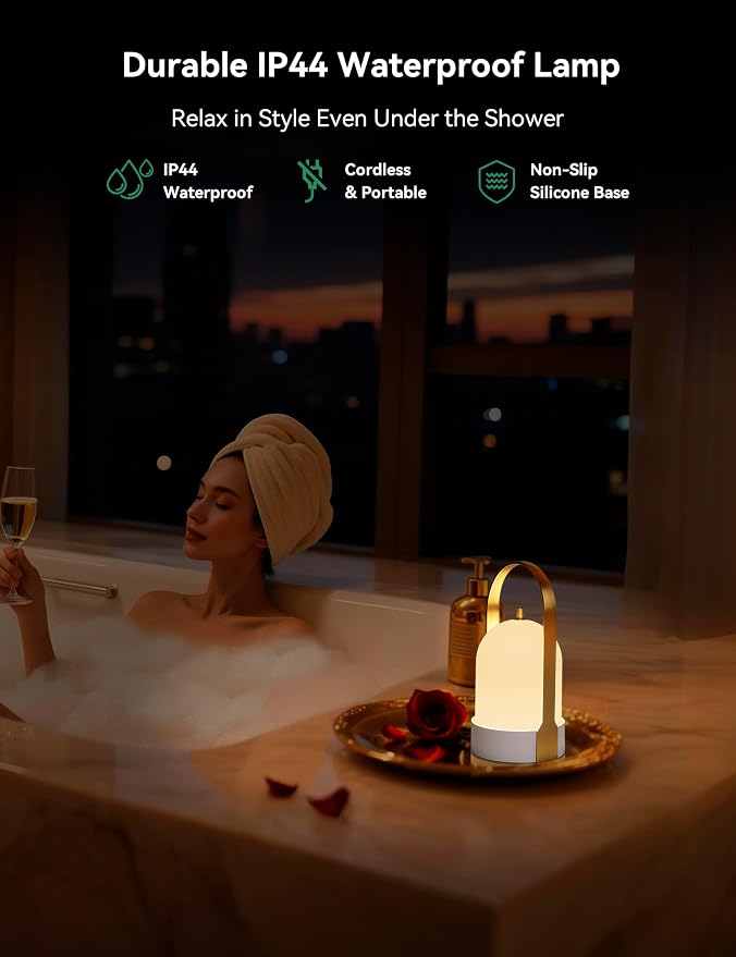 Tubicen Rechargeable Table Lamp Portable Outdoor Waterproof Camping Lantern 4-Level Dimmable 4000mAh Battery Cordless Table Lamp for Bedroom Bathroom Patio Balcony Garden Gold